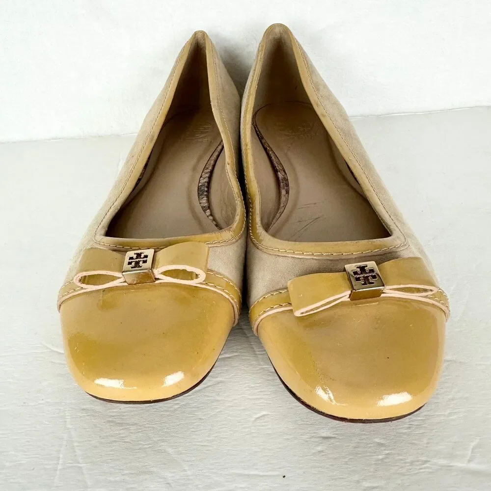 Tory Burch Cap Toe Ballet Flats Size 9 Suede Patent Leather Butter Yellow Tan
